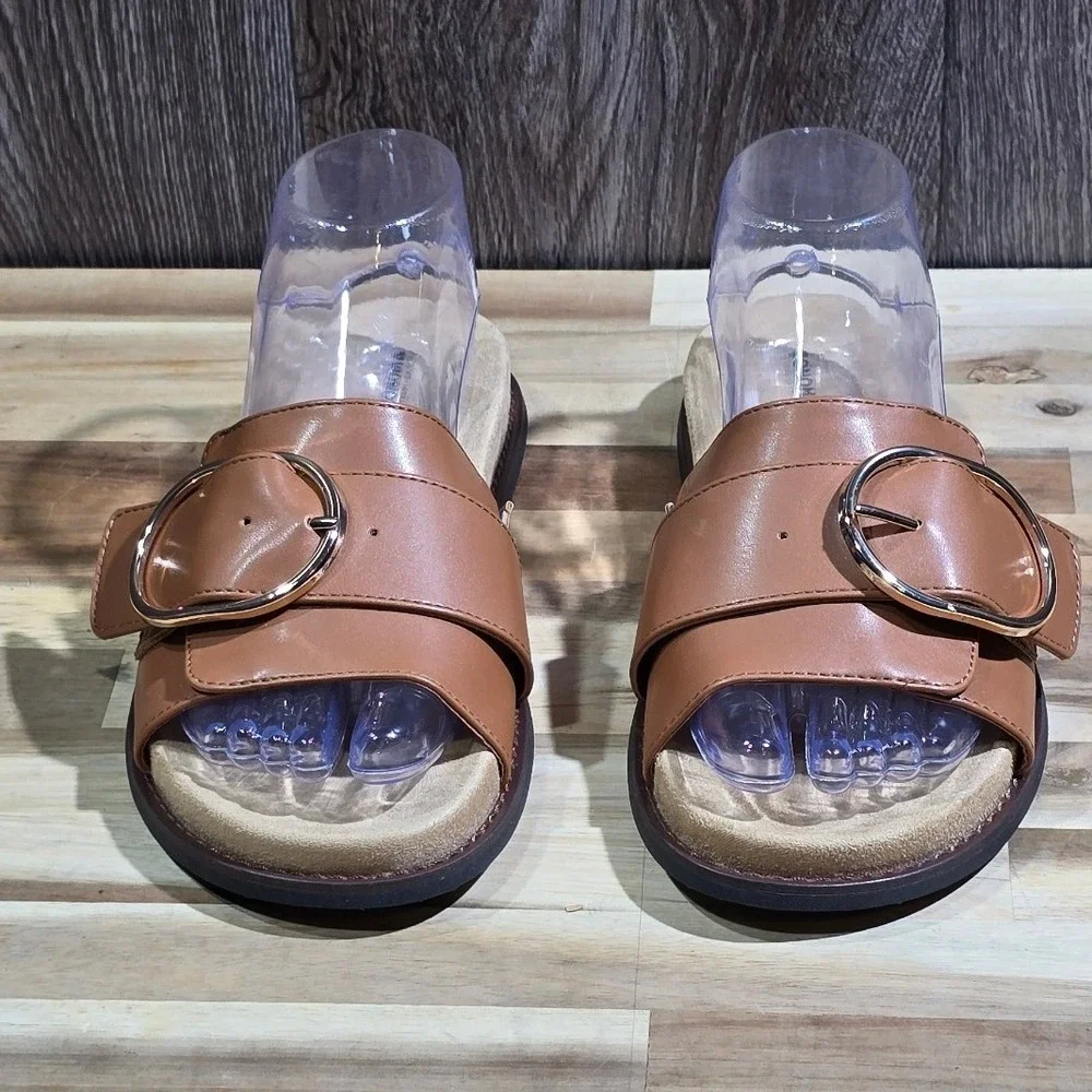 Sonoma Womens Size 8M‎ Cognac Brown Buckle Strap Slide Sandals Comfort Shoes